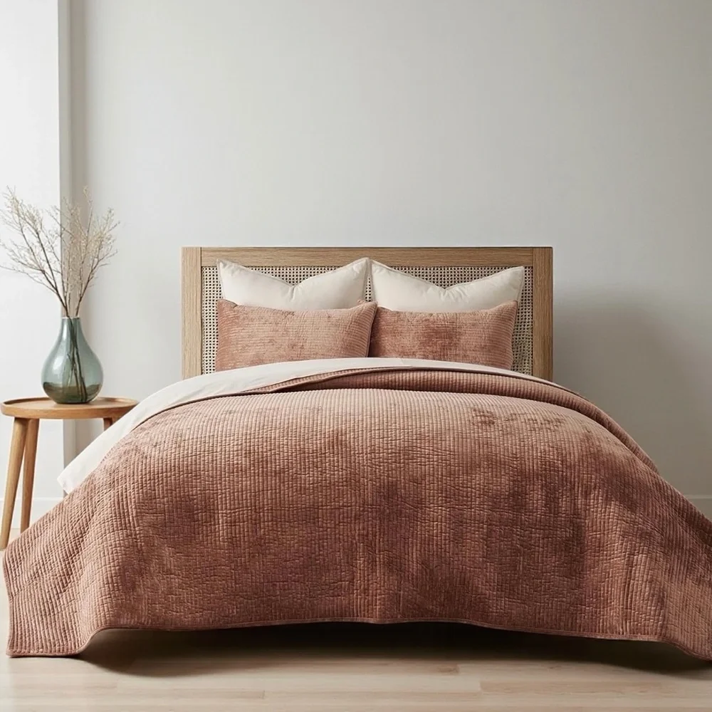 NEW West Elm Velvet Terracotta Clay Queen / King Bedding Comforter & Sham Set